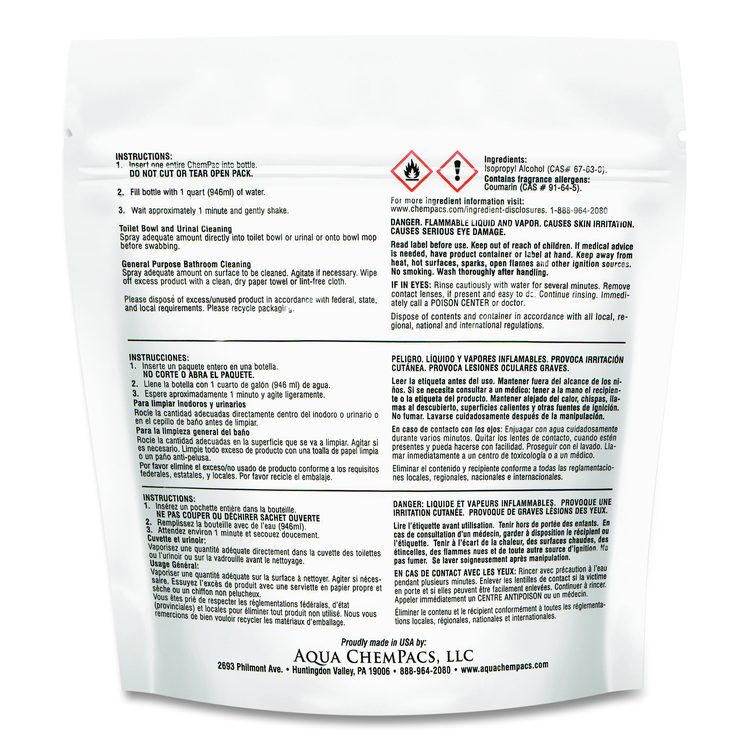 Aqua ChemPacs Acidic Bathroom and Bowl Cleaner, Lavender Scent, 4 g Packets, 12 ChemPacs/Bag with 1 qt Spray Bottle