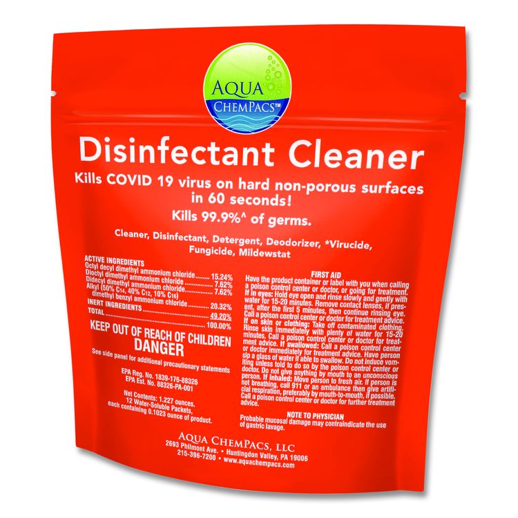 Disinfectant Cleaner, Marine Scent, 2.9 g Packets, 12 Packets/Bag with 1 qt Spray Bottle