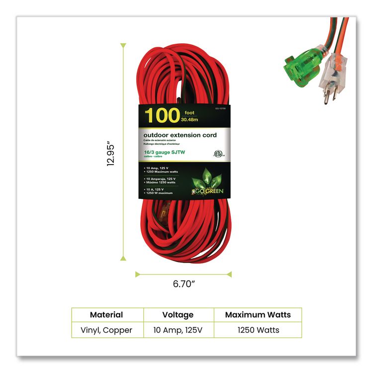16 AWG Outdoor Extension Cord, 100 ft, 10 A, Orange