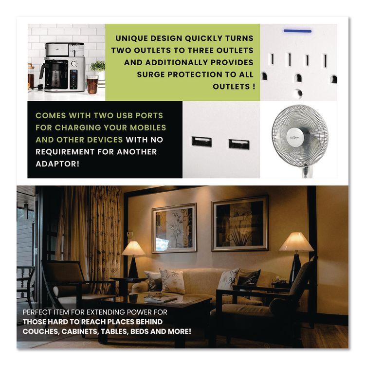 3 Outlet 2 USB Wall Tap, 735 J, White