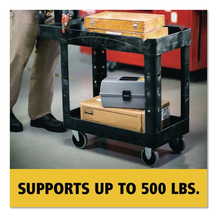 BRUTE Heavy-Duty Utility Cart with Lipped Shelves, Plastic, 2 Shelves, 500 lb Capacity, 17.13" x 38.5" x 38.88", Black