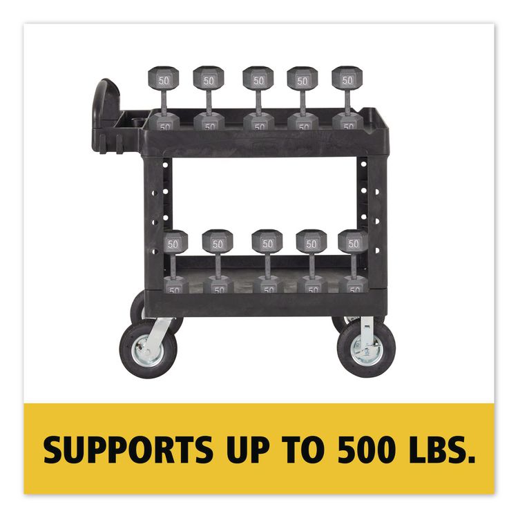 BRUTE Heavy-Duty Utility Cart with Lipped Shelves, Plastic, 2 Shelves, 500 lb Capacity, 25.88" x 45.25" x 37.13", Black