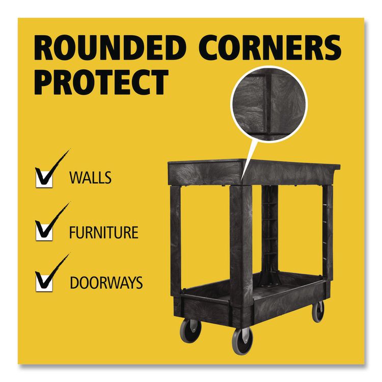 Heavy-Duty Flat-Handle Maintenance/Utility Cart, Plastic, 2 Shelves, 500 lb Capacity, 34.13" x 17.38" x 32.38", Black