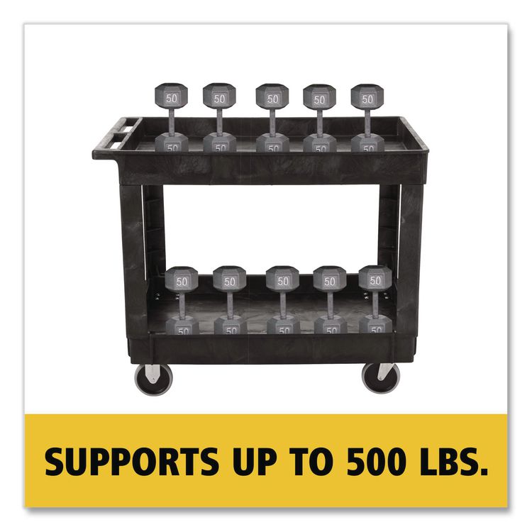 Heavy-Duty Flat-Handle Maintenance/Utility Cart, Plastic, 2 Shelves, 500 lb Capacity, 24" x 40" x 31.25", Black
