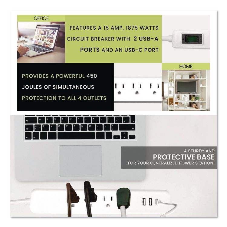 Four-Outlet Surge Protector with Three USB Ports, 4 ft Cord Length Cord, 450 J, White