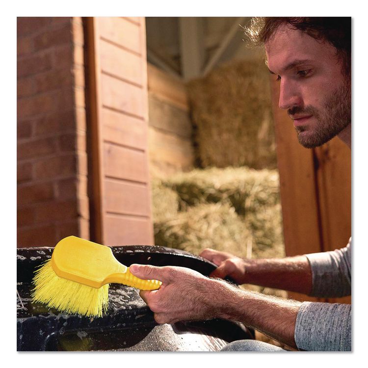 Long Handle Scrub Brush, Yellow Synthetic Bristles, 8" Brush, 8" Gray Plastic Handle