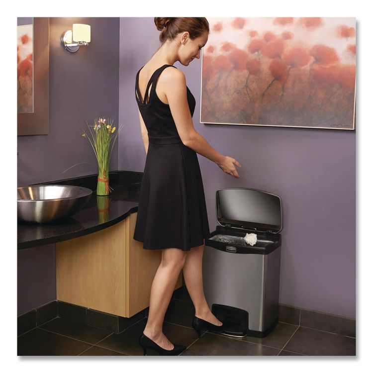 Slim Jim Stainless Steel Step-On Container, Front Step Style, 8 gal, Stainless Steel, Black