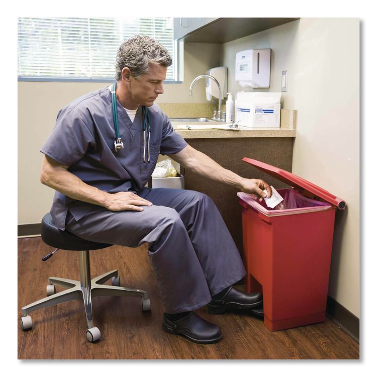 Indoor Utility Step-On Waste Container, 12 gal, Plastic, Red