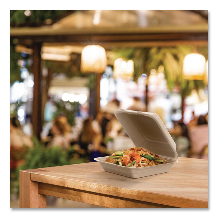 Compostable Molded Fiber Hinged Trays, ProPlanet Seal, 9.14 x 9 x 2.98, Natural, 200/Carton
