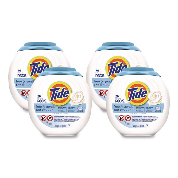 PODS Laundry Detergent, Free and Gentle, HE Compatible, 56 oz Tub, 76 Pacs/Tub, 4 Tubs/Carton