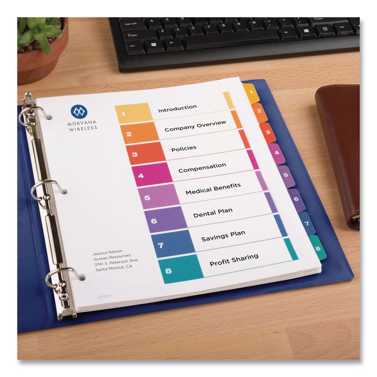 Customizable TOC Ready Index Multicolor Tab Dividers, Extra Wide Tabs, 8-Tab, 1 to 8, 11 x 9.25, White, 1 Set