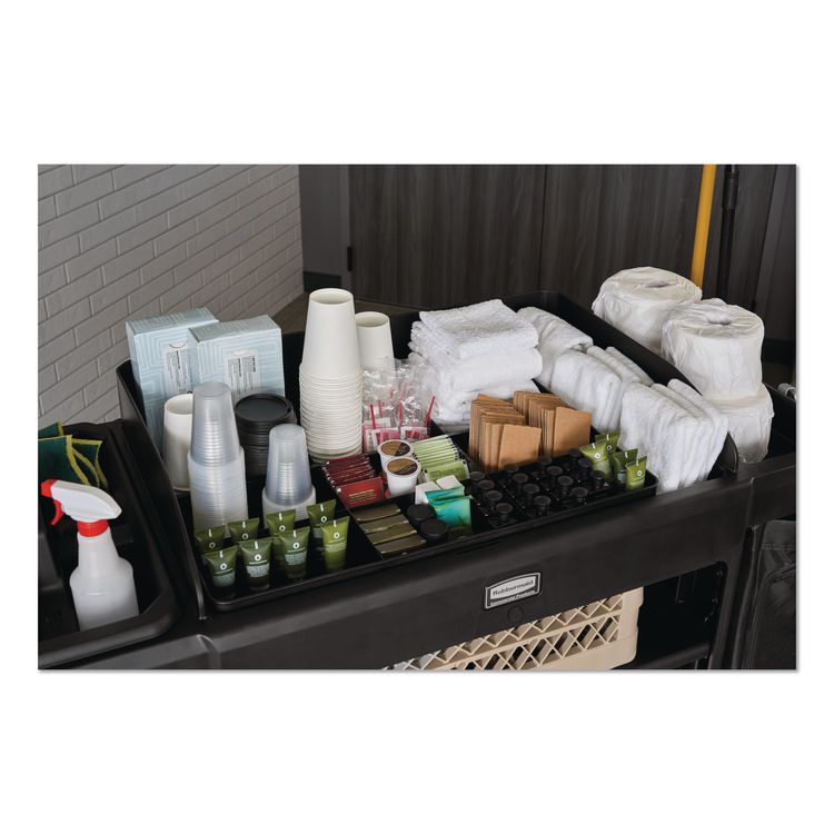 Full Size Housekeeping Cart with Accessory Bundle, Resin, 3 Shelves, 2 Bins, 24.4 x 62.4 x 49, Black