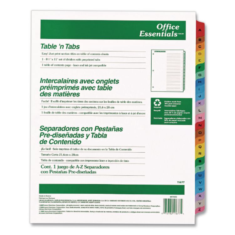 Table 'n Tabs Dividers, 26-Tab, A to Z, 11 x 8.5, White, Assorted Tabs, 1 Set