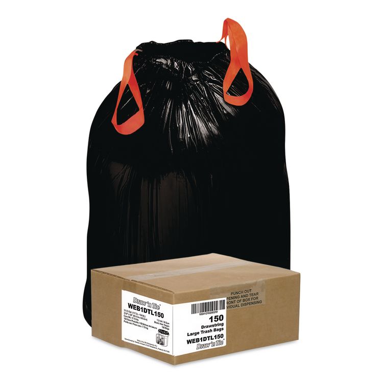 Heavy-Duty Trash Bags, Drawstring, 33 gal, 1.2 mil, 33.5" x 38", Black, 25 Bags/Roll, 6 Rolls/Box
