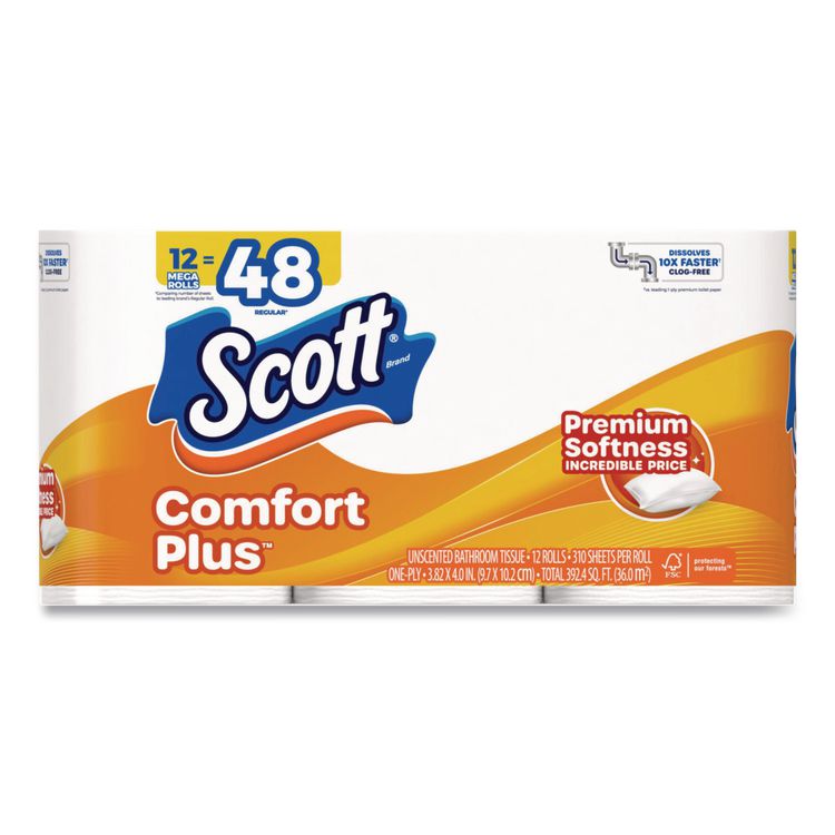 ComfortPlus Toilet Paper Mega Rolls, Septic Safe, 1-Ply, White, 310 Sheets, 12 Mega Rolls/Carton
