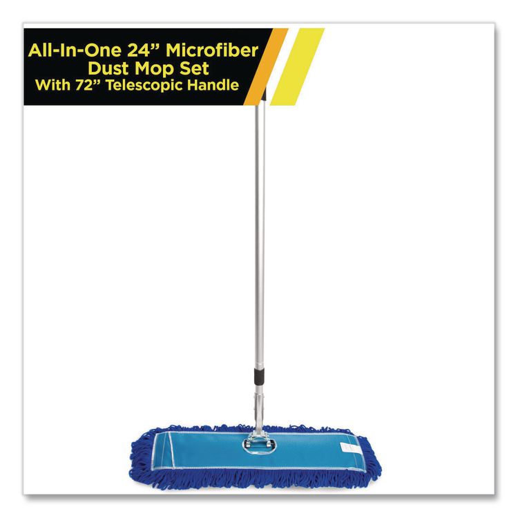 All-In-One 24" Microfiber Dust Mop Set with Telescopic Handle, 24 x 5, Blue, Microfiber Head, 72" Silver Aluminum Handle