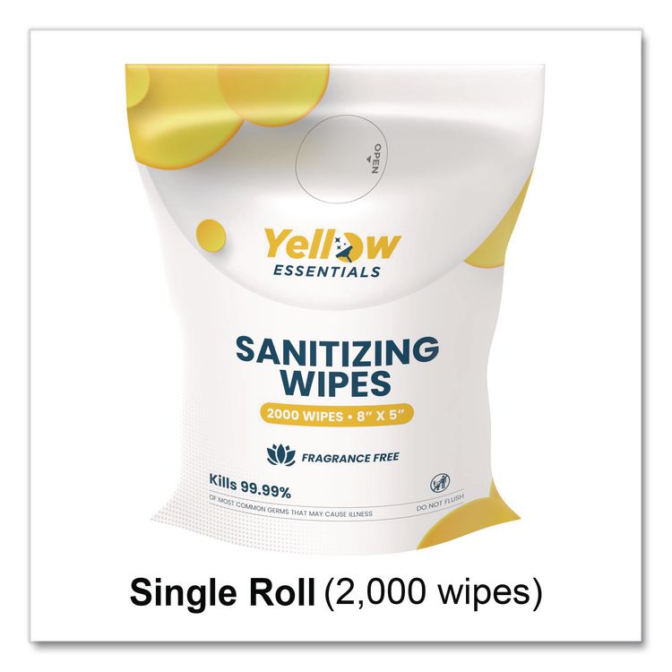 Yellow Essentials Sanitizing Wipes, 5 x 8, Unscented, White, 2,000/Refill Bag, 4 Refill Bags/Carton
