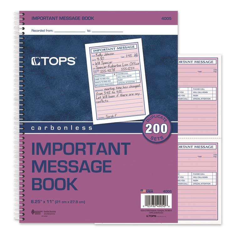Telephone Message Book with Fax/Mobile Section, Two-Part Carbonless, 3.88 x 5.5, 4 Forms/Sheet, 200 Forms Total