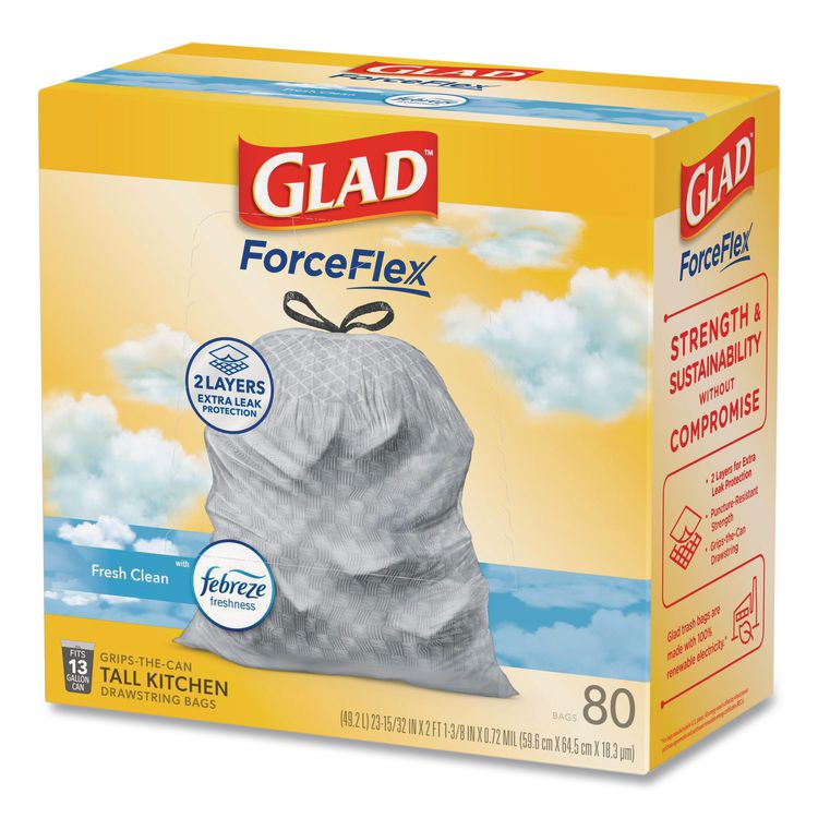 ForceFlex Kitchen Drawstring Trash Bags, 13 gal, Fresh Clean Scent, 24" x 27.38", White, 80 Bags/Box, 3 Boxes/Carton