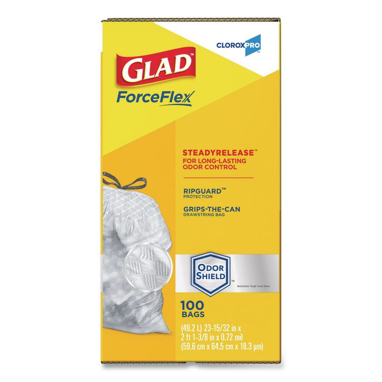 CloroxPro ForceFlex Tall Kitchen Drawstring Trash Bags, 13 gal, 23.75 x 24.88, Gray, 100/Box