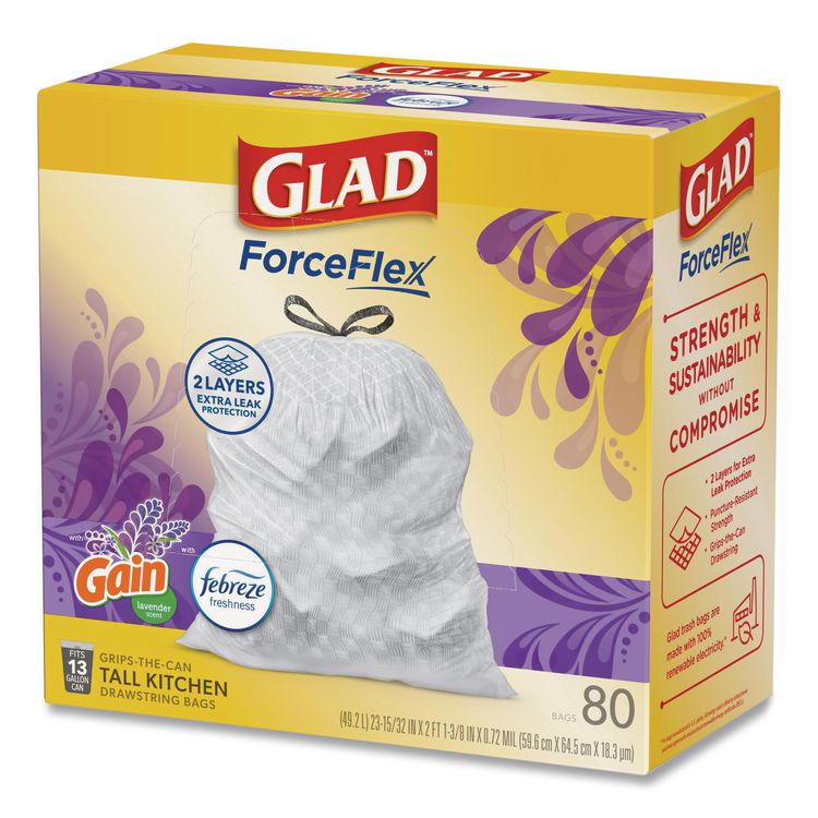 ForceFlex Kitchen Drawstring Trash Bags, 13 gal, Gain Lavender Scent, 24 x 27.38, White, 80 Bags/Box, 3 Boxes/Carton