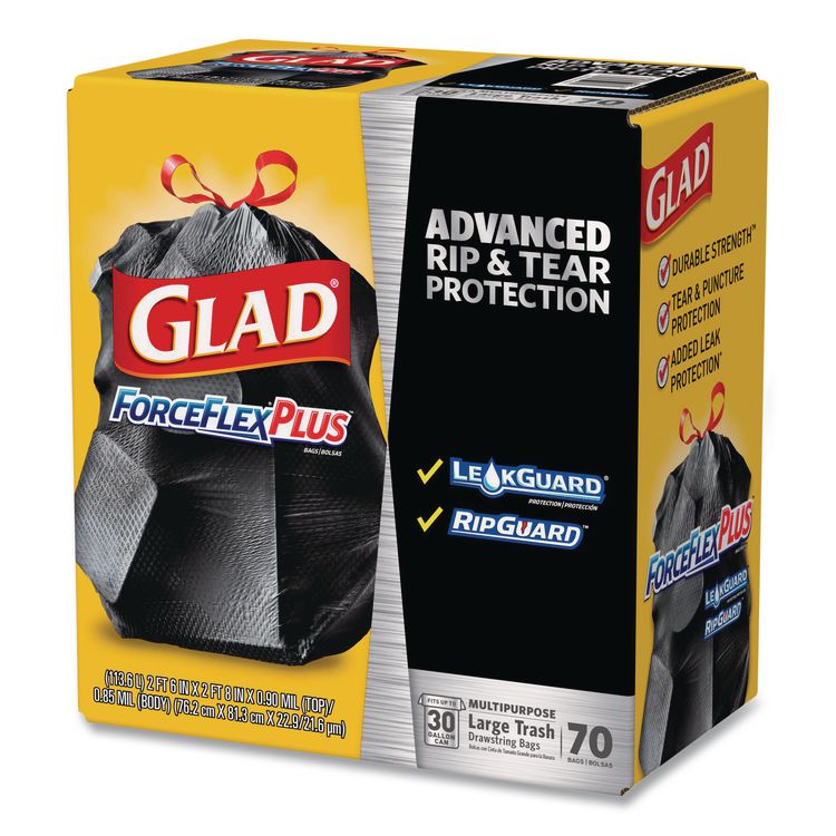 ForceFlexPlus Drawstring Large Trash Bags, 30 gal, 1.05 mil, 30" x 32", Black, 70/Box