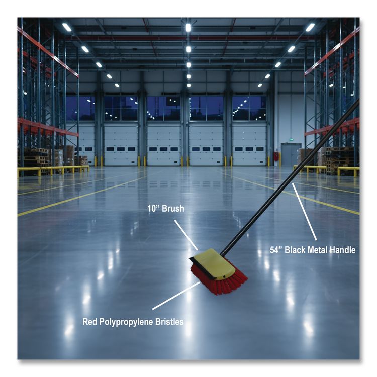 Bi-Level Floor Scrub Brush, Red Polypropylene Bristles, 10" Brush, 54" Black Metal Handle, 6/Carton