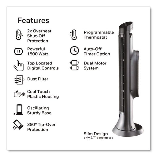 Digital Tower Heater, 1,500 W, 10.12 x 8 x 23.25, Black