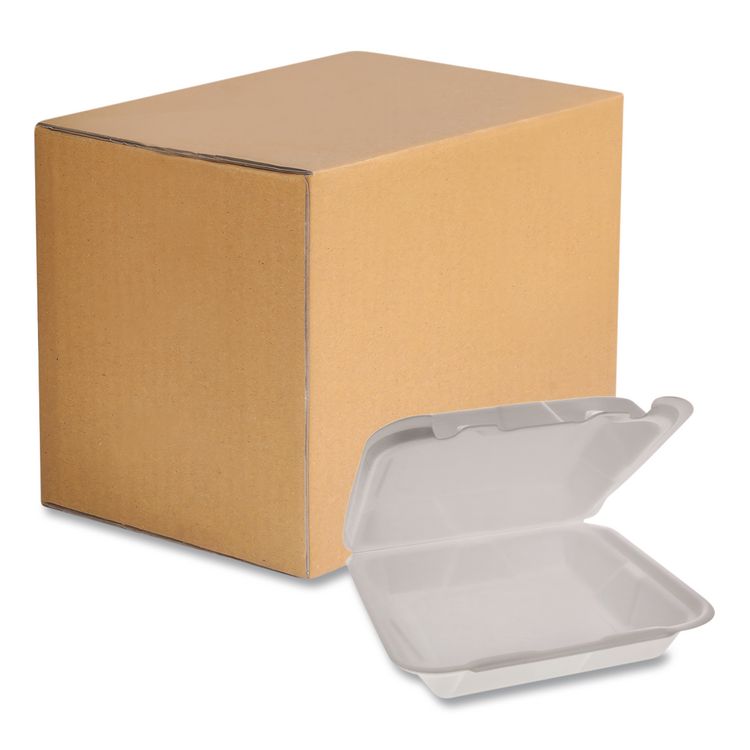 Foam Hinged Lid Container, Dual Tab Lock Happy Face, 8 x 7.75 x 2.25, White, 200/Carton