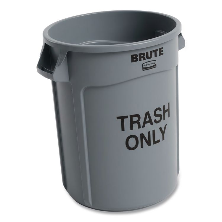 Vented Round Brute Container, "Trash Only" Imprint, 32 gal, Plastic, Gray