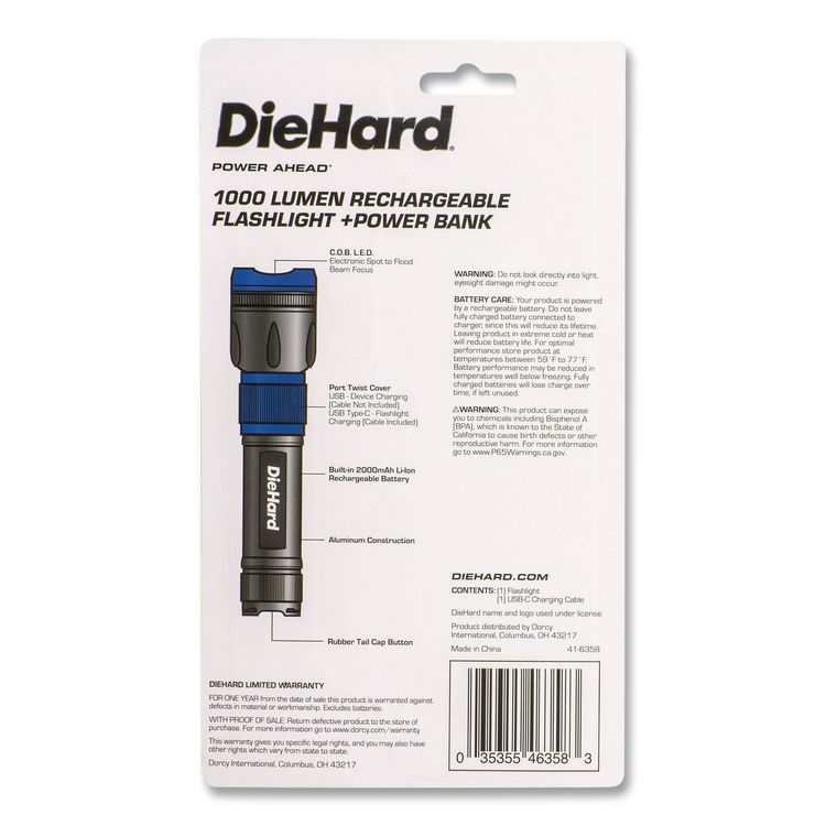 DieHard USB-C Rechargeable Flashlight and Power Bank, Lithium Ion Rechargeable Battery (Included), Black/Blue