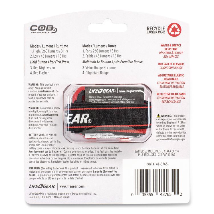 LifeGear Storm Proof Headlamp, 3 AAA Batteries (Included), Black/Red