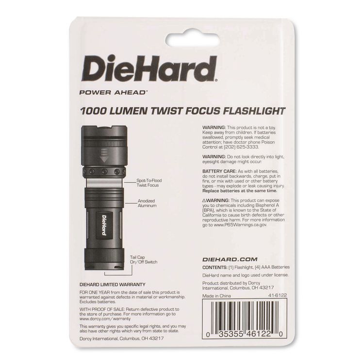 DieHard Twist Focus Aluminum 1,500 Lumen Flashlight, 4 AAA Batteries (Included), Gray