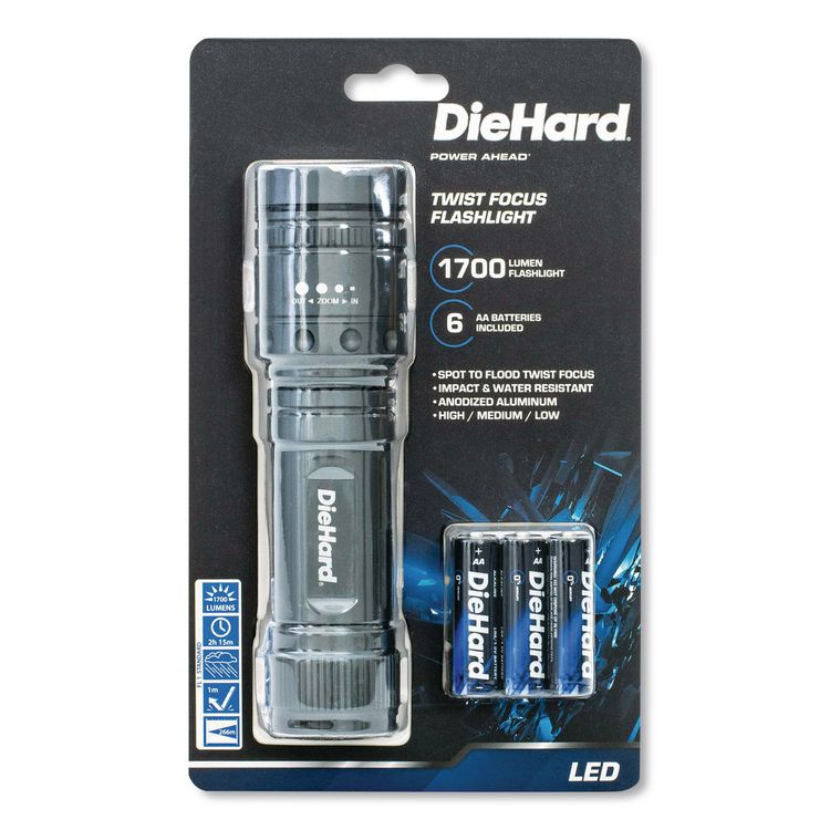 DieHard Twist Focus Aluminum 1,700 Lumen Flashlight, 6 AA Batteries (Included), Gray