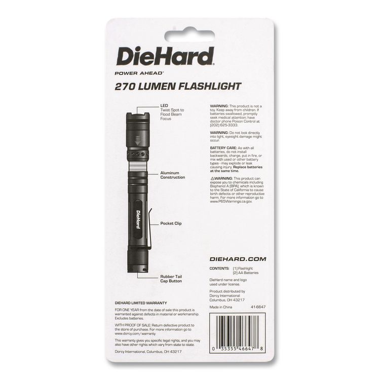DieHard Aluminum 270 Lumen Twist Focus Flashlight with Pocket Clip, 2 AA Batteries (Included), Black