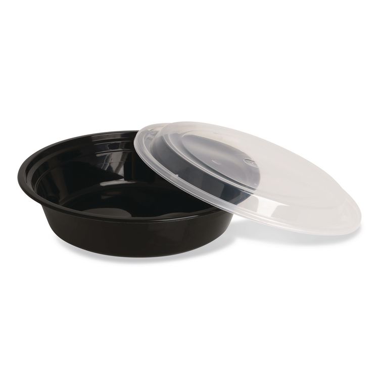 Microwavable Food Container with Lid, Round, 48 oz, 8.85 x 8.85 x 2.24, Black/Clear, Plastic, 150/Carton