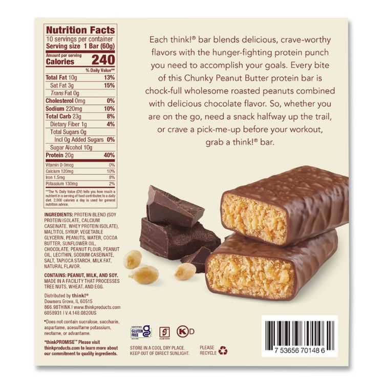 High Protein Bars, Chunky Peanut Butter, 2.1 oz Bar, 10 Bars/Carton