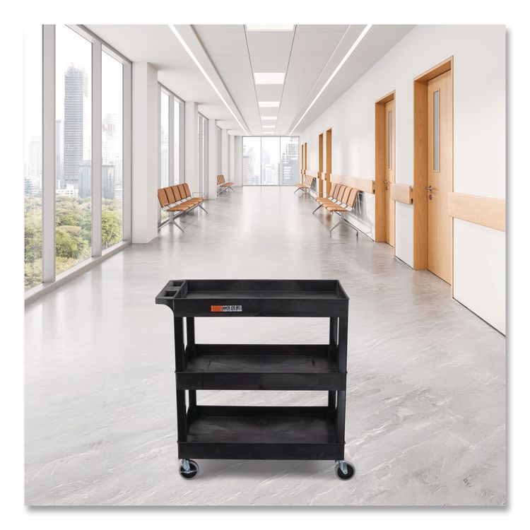 Tuffy XL Three-Shelf Utility Cart with Tub Shelves, Plastic, 300 lb Capacity, 35" x 18" x 36", Black