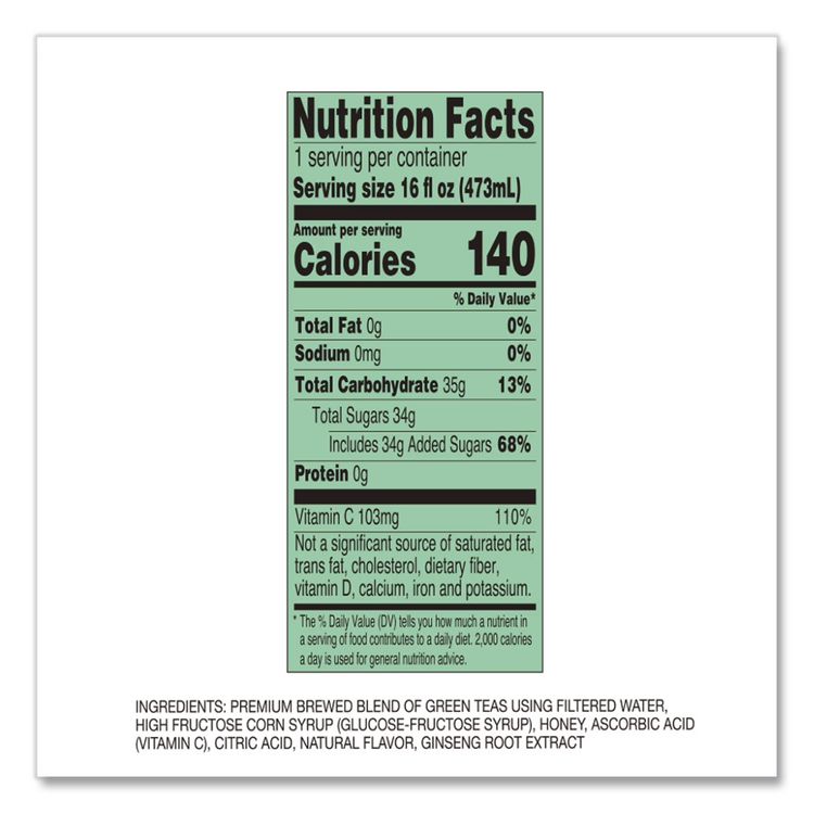 Green Tea with Ginseng and Honey, 16 oz Bottles, 24/Carton