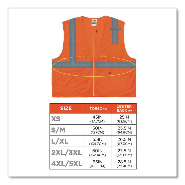 GloWear 8210Z Class 2 Economy Vest, Polyester Mesh, Zipper Closure, Large to X-Large, Orange