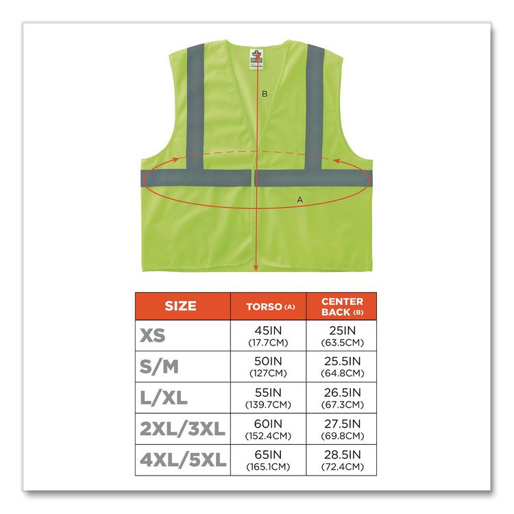 GloWear 8210Z Class 2 Economy Vest, Polyester Mesh, Zipper Closure, 2X-Large to 3X-Large, Lime