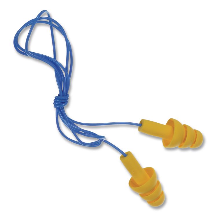 E-A-RUltraFit Reusable Earplugs, Corded, Metal Detectable, 25 dB NRR, One Size Fits Most, Yellow 3-Flange Plugs, 100/Box