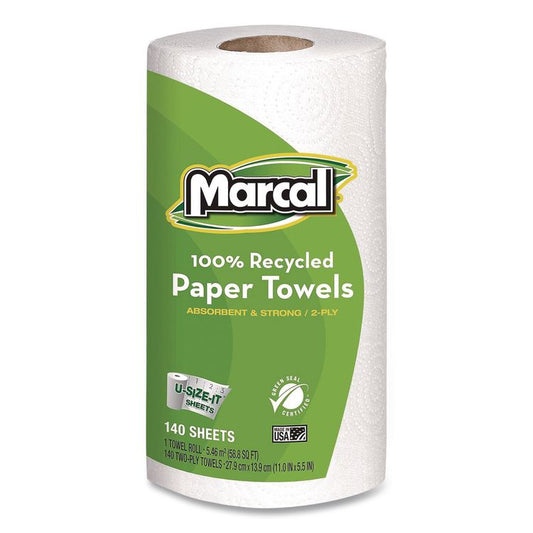 100% Premium Recycled Kitchen Roll Towels, Roll Out Box, 2 Ply, 11 x 5.5, White, 140 Sheets, 12 Rolls/Carton