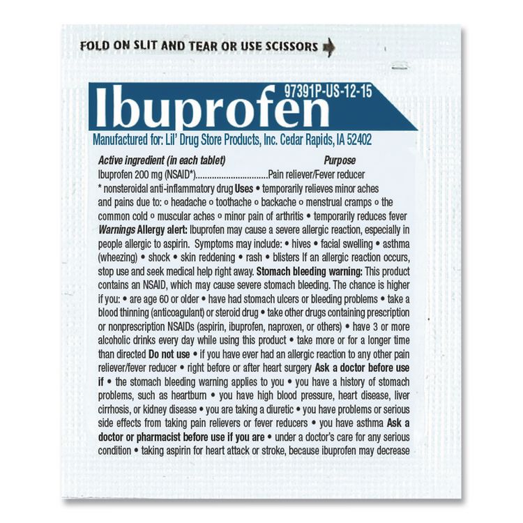 Ibuprofen, 200 mg, Refill Pack, Two Tablets/Packet, 50 Packets/Box