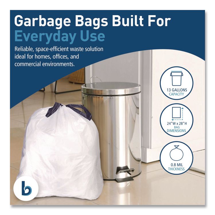 Drawstring Kitchen Bags/Liners, Drawstring, 13 gal, 24" x 28", White, 50 Bags/Roll, 2 Rolls/Carton