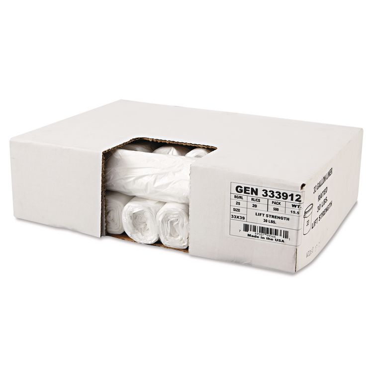 High-Density Can Liners, 33 gal, 9 mic, 33" x 39", Natural, Perforated Roll, 25 Bags/Roll, 20 Rolls/Carton