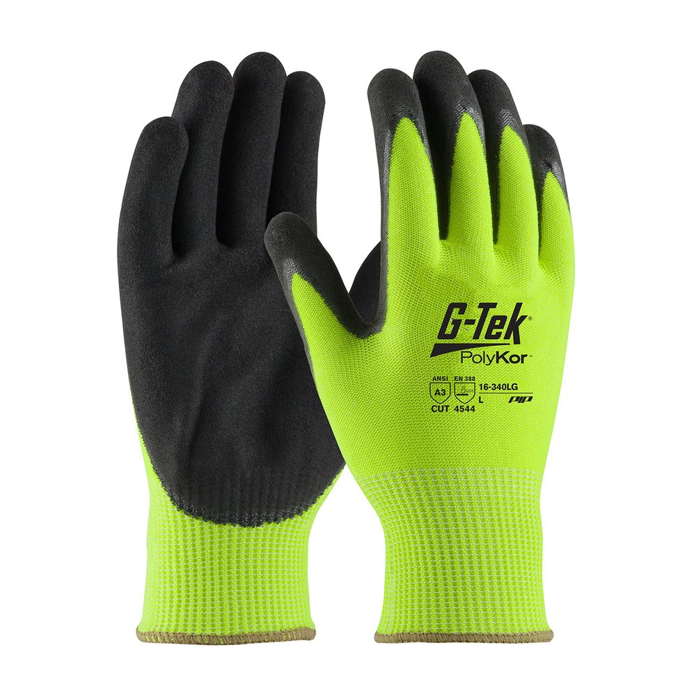 G-Tek by PIP H-vis Knit Polyk Glve 2-DIPPED Nitr Msurf YEL L, 12 Pairs/Dozen