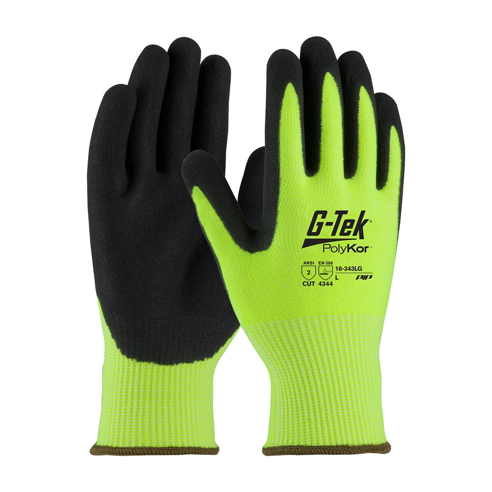 G-Tek by PIP H-vis Polyk Glove 2-DIPNITR Msurf Grip YEL L, 12 Pairs/Dozen