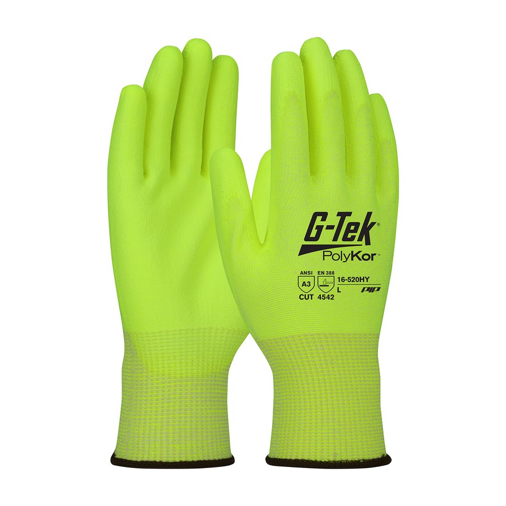 G-Tek by PIP HI-VIS Knit Polykor Glove Polyure. Grip P/F M, 12 Pairs/Dozen