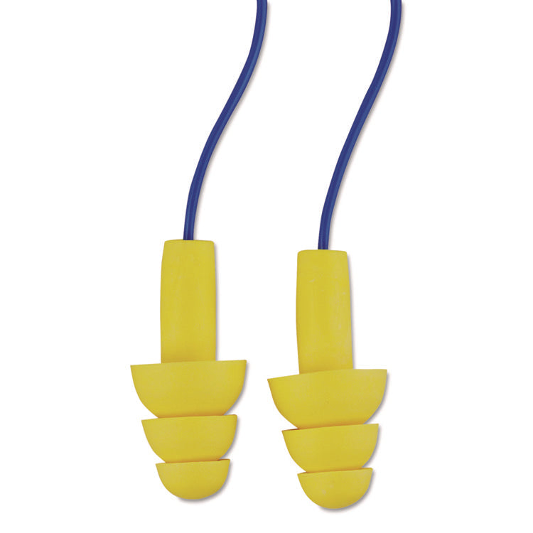 E-A-RUltraFit Reusable Earplugs, Corded, 25 dB NRR, One Size Fits Most, Yellow 3-Flange Plugs, 200/Box